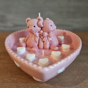 Heart-Shaped Pink Candle with Bear Design